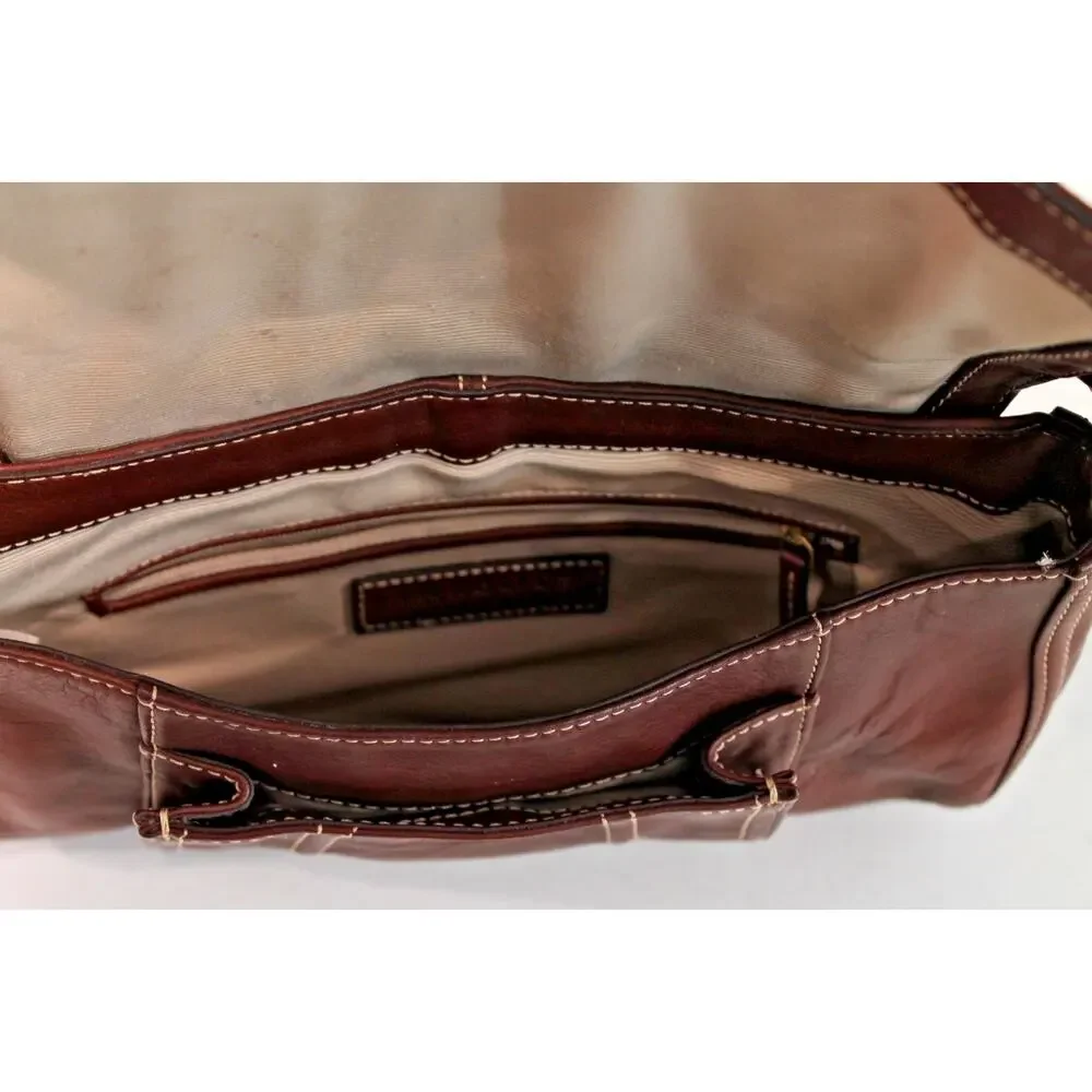 Talbots Leather Handbag Purse Brown White Thread Detailing Flap Closure